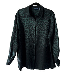 Karen Scott Womens Petite L Whimsigoth Satin Green Leopard Button Up Blouse Boho